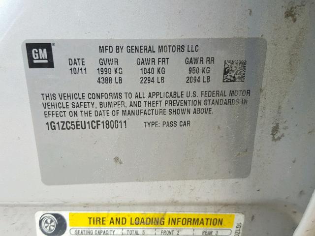 1G1ZC5EU1CF180011 - 2012 CHEVROLET MALIBU 1LT SILVER photo 10