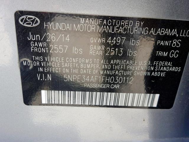 5NPE34AF1FH030112 - 2015 HYUNDAI SONATA SPO GRAY photo 10