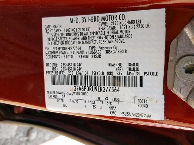 3FA6P0RU9ER377564 - 2014 FORD FUSION TIT RED photo 10