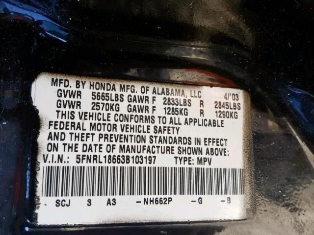 5FNRL18663B103197 - 2003 HONDA ODYSSEY EX BLACK photo 10