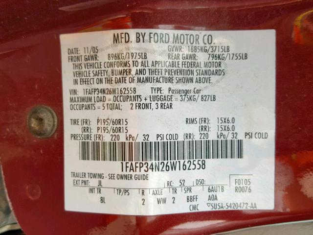 1FAFP34N26W162558 - 2006 FORD FOCUS ZX4 BURGUNDY photo 10