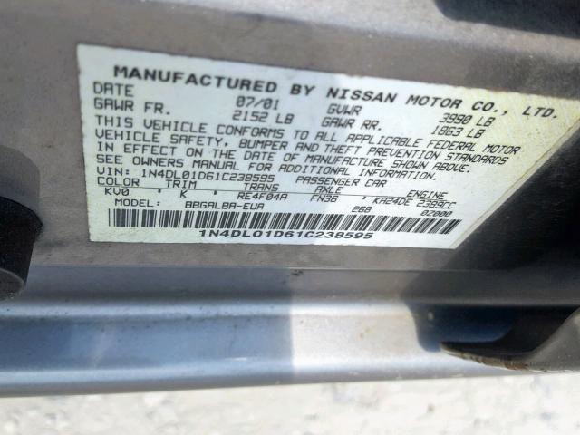 1N4DL01D61C238595 - 2001 NISSAN ALTIMA XE GRAY photo 10