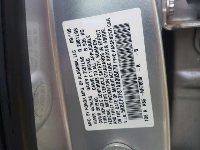 5KBCP3F87AB003070 - 2010 HONDA ACCORD EXL SILVER photo 10