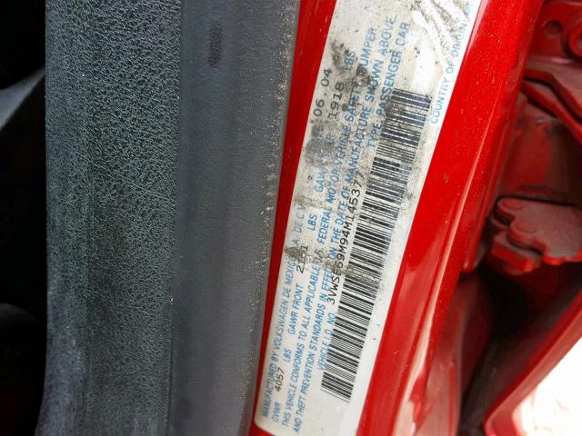 3VWSE69M94M145377 - 2004 VOLKSWAGEN JETTA GLS RED photo 10