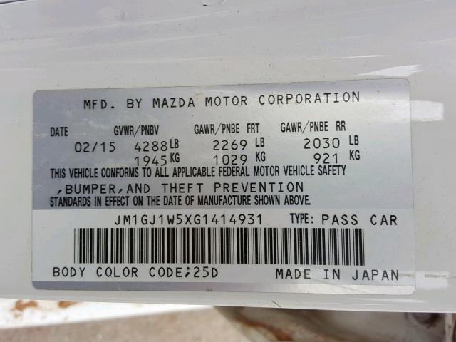 JM1GJ1W5XG1414931 - 2016 MAZDA 6 GRAND TO WHITE photo 10