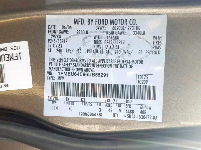 1FMEU64E96UB55291 - 2006 FORD EXPLORER E TAN photo 10