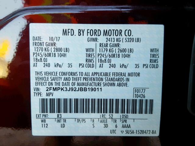 2FMPK3J92JBB19011 - 2018 FORD EDGE SEL MAROON photo 10