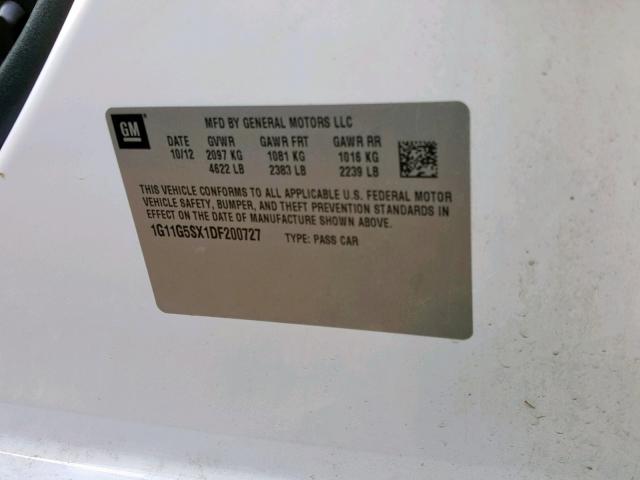 1G11G5SX1DF200727 - 2013 CHEVROLET MALIBU 3LT თეთრი ფოტო 10