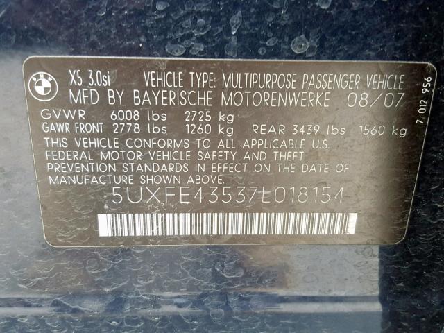 5UXFE43537L018154 - 2007 BMW X5 3.0I BLUE photo 10