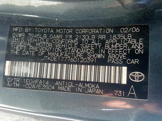 JTKDE177760120391 - 2006 TOYOTA SCION TC ნაცრისფერი ფოტო 10