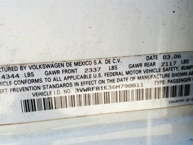 3VWRF81K36M798811 - 2006 VOLKSWAGEN JETTA 2.5 WHITE photo 10