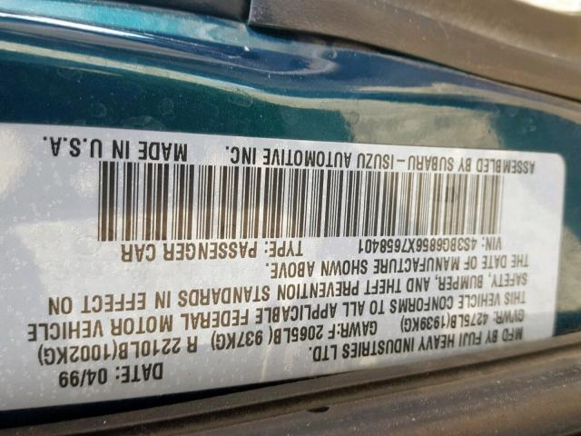 4S3BG6856X7658401 - 1999 SUBARU LEGACY OUT GREEN photo 10