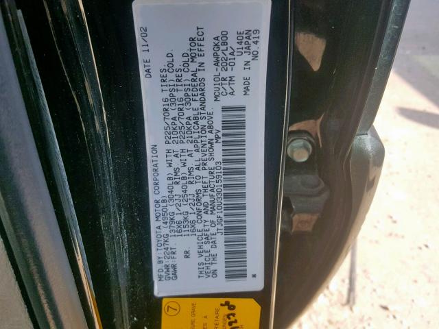 JTJGF10U330159103 - 2003 LEXUS RX 300 BLACK photo 10