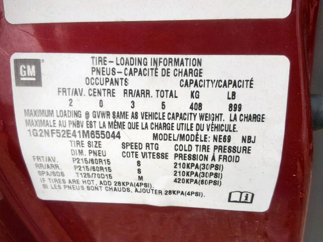 1G2NF52E41M655044 - 2001 PONTIAC GRAND AM S BURGUNDY photo 10