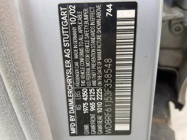 WDBRF61J53F358548 - 2003 MERCEDES-BENZ C 240 SILVER photo 10