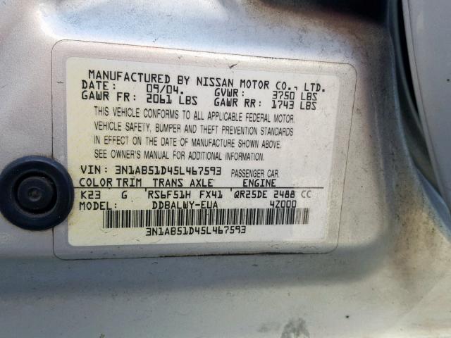 3N1AB51D45L467593 - 2005 NISSAN SENTRA SE- SILVER photo 10