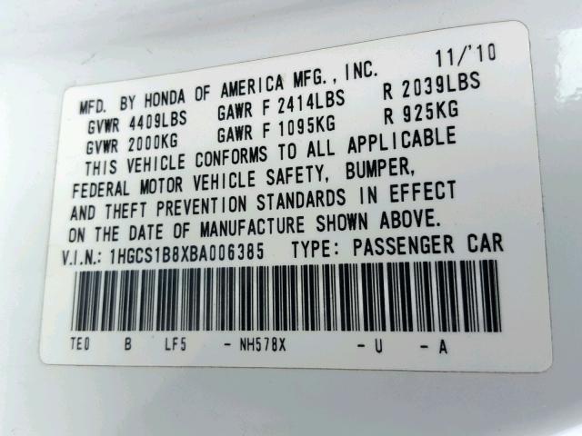 1HGCS1B8XBA006385 - 2011 HONDA ACCORD EXL WHITE photo 10