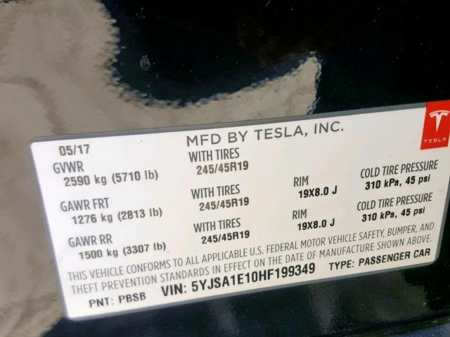 5YJSA1E10HF199349 - 2017 TESLA MODEL S أسود صورة 10