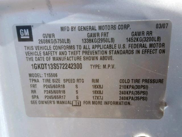 1GKDT13S572242300 - 2007 GMC ENVOY SILVER photo 10