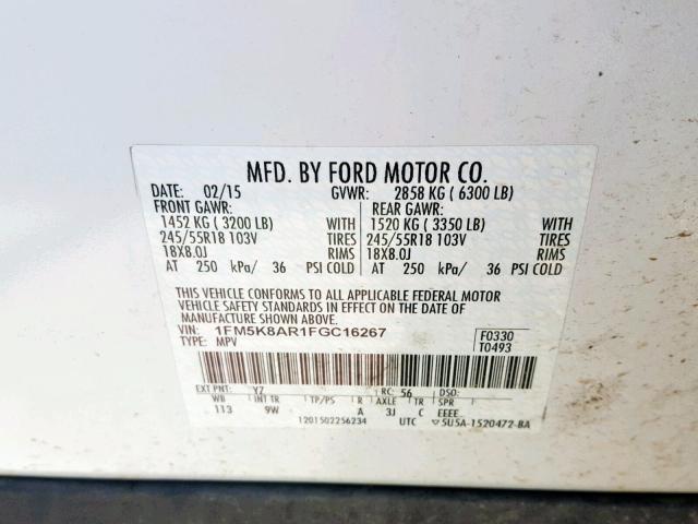 1FM5K8AR1FGC16267 - 2015 FORD EXPLORER P WHITE photo 10