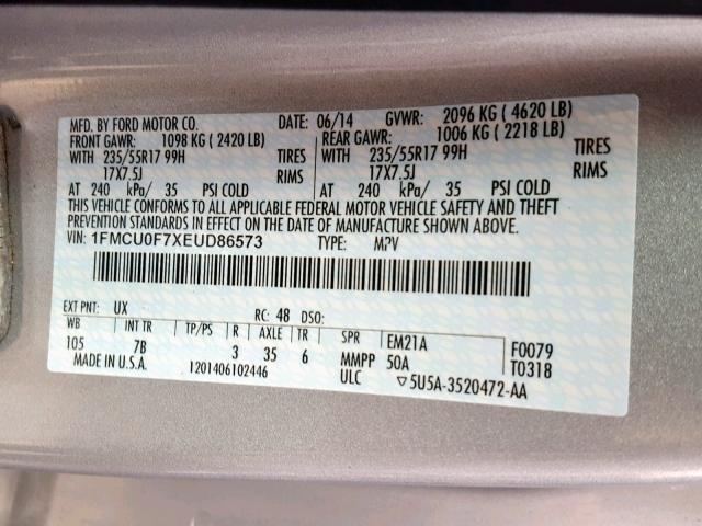 1FMCU0F7XEUD86573 - 2014 FORD ESCAPE S SILVER photo 10