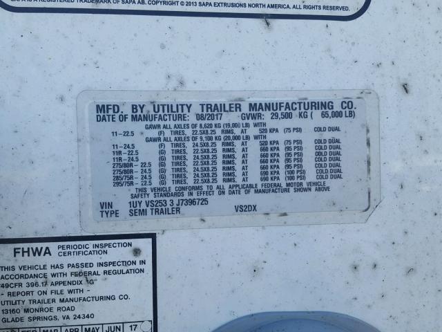 1UYVS2533J7396725 - 2018 UTILITY TRAILER WHITE photo 10