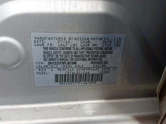 3N1CE2CP9FL367898 - 2015 NISSAN VERSA NOTE SILVER photo 10