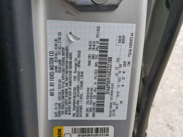 3FA6P0K91GR332188 - 2016 FORD FUSION TIT SILVER photo 10