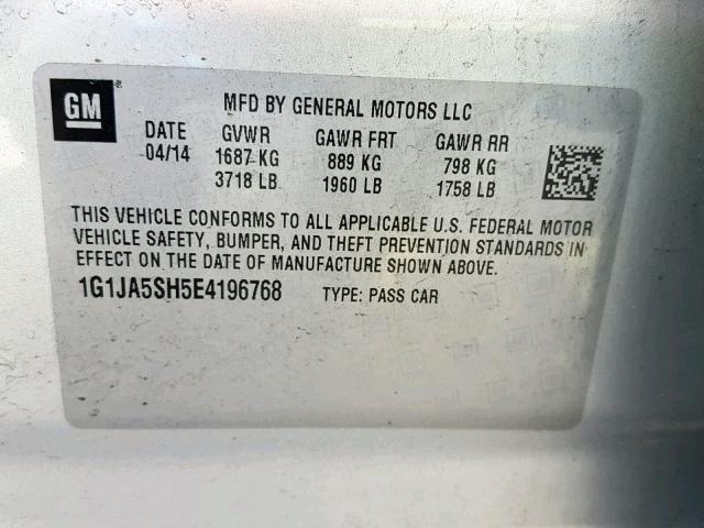 1G1JA5SH5E4196768 - 2014 CHEVROLET SONIC LS SILVER photo 10