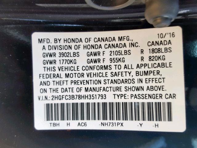 2HGFC3B78HH351793 - 2017 HONDA CIVIC EXL Qara foto 10
