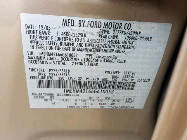 1MEHM42166G610052 - 2006 MERCURY MONTEGO PR 棕色 照片 10