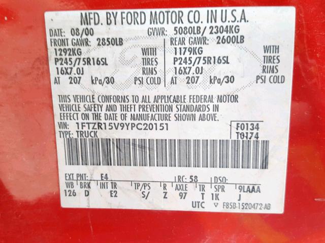 1FTZR15V9YPC20151 - 2000 FORD RANGER SUP RED photo 10