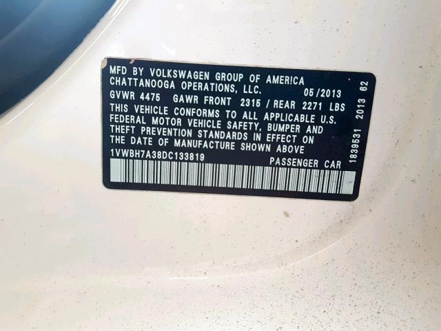 1VWBH7A38DC133819 - 2013 VOLKSWAGEN PASSAT SE WHITE photo 10