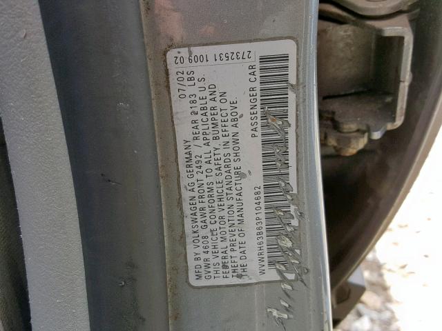 WVWRH63B63P104682 - 2003 VOLKSWAGEN PASSAT GLX GRAY photo 10