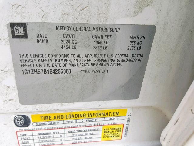 1G1ZH57B184255063 - 2008 CHEVROLET MALIBU 1LT WHITE photo 10