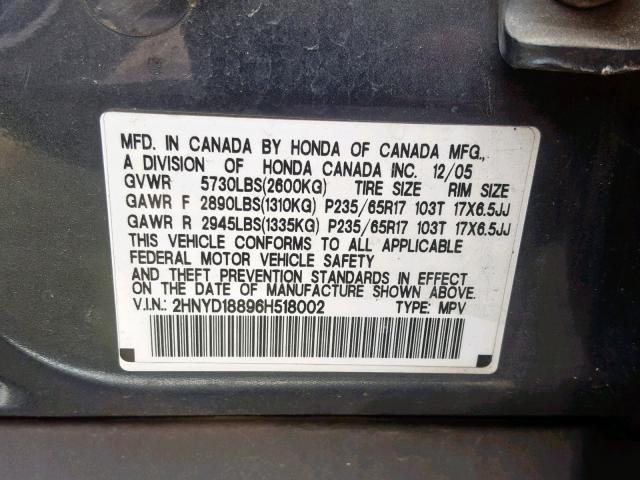 2HNYD18896H518002 - 2006 ACURA MDX TOURIN CHARCOAL photo 10