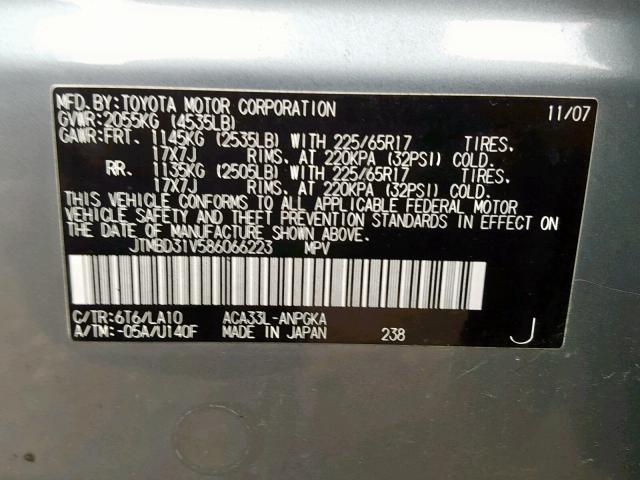 JTMBD31V586066223 - 2008 TOYOTA RAV4 LIMIT GRAY photo 10