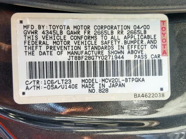 JT8BF28G7Y0271944 - 2000 LEXUS ES 300 BLACK photo 10