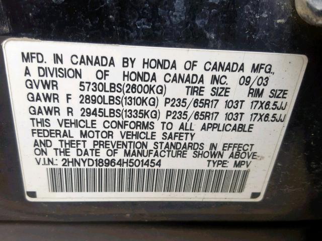 2HNYD18964H501454 - 2004 ACURA MDX TOURIN BLACK photo 10