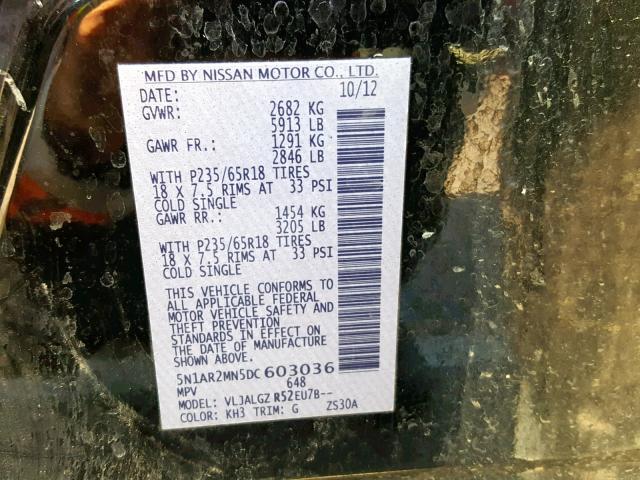 5N1AR2MN5DC603036 - 2013 NISSAN PATHFINDER 黑色 照片 10