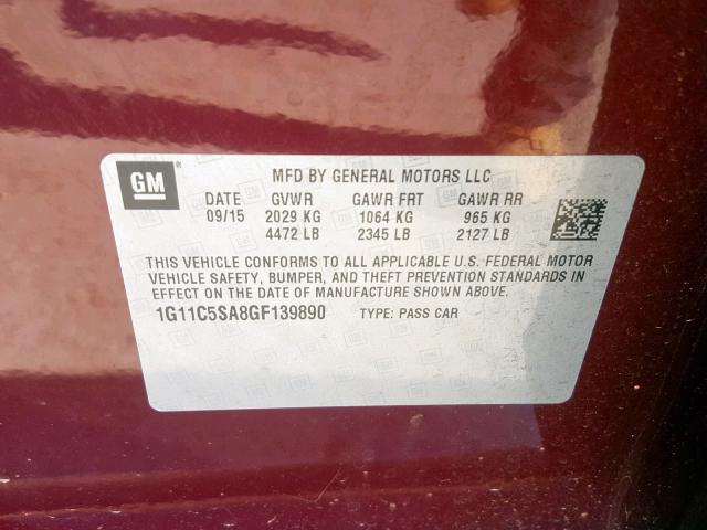 1G11C5SA8GF139890 - 2016 CHEVROLET MALIBU LIM BURGUNDY photo 10