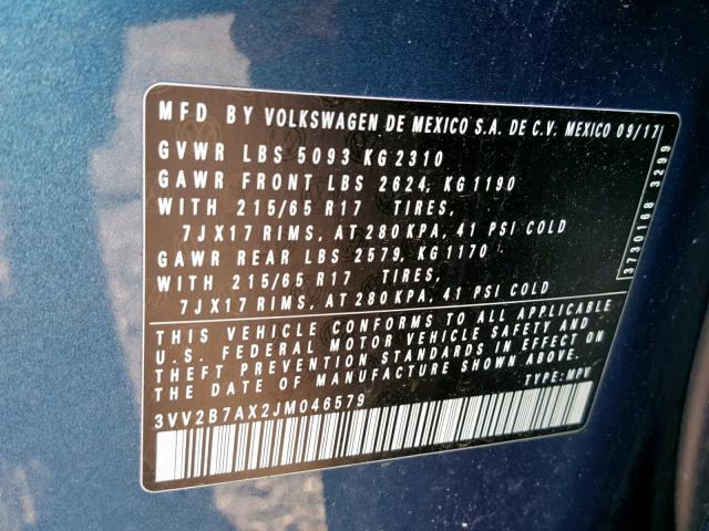 3VV2B7AX2JM046579 - 2018 VOLKSWAGEN TIGUAN SE BLUE photo 10