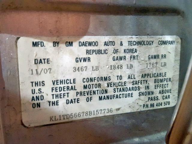 KL1TD56678B157736 - 2008 CHEVROLET AVEO BASE Gümüş foto 10