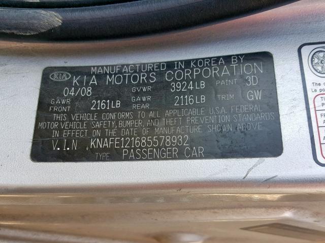 KNAFE121685578932 - 2008 KIA SPECTRA EX SILVER photo 10