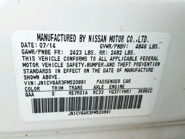 JN1CV6AR3FM520891 - 2015 INFINITI Q40 WHITE photo 10