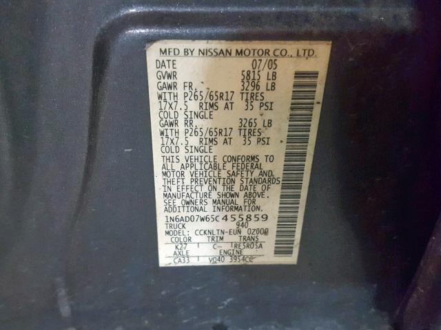 1N6AD07W65C455859 - 2005 NISSAN FRONTIER C GRAY photo 10