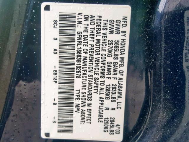 5FNRL18663B102678 - 2003 HONDA ODYSSEY EX BLUE photo 10