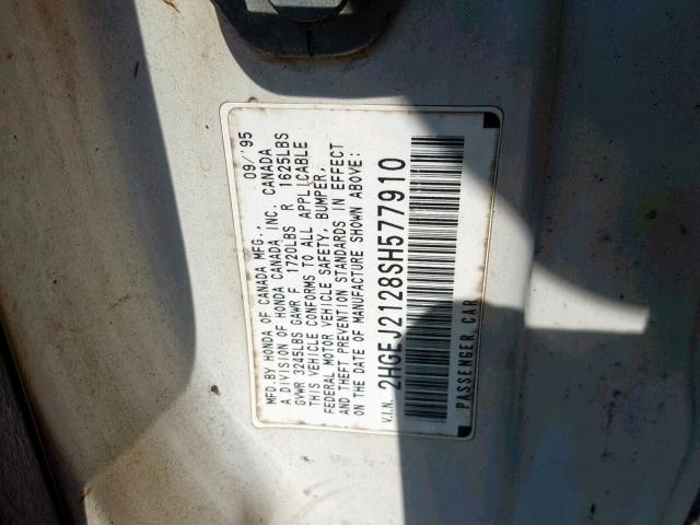 2HGEJ2128SH577910 - 1995 HONDA CIVIC DX WHITE photo 10