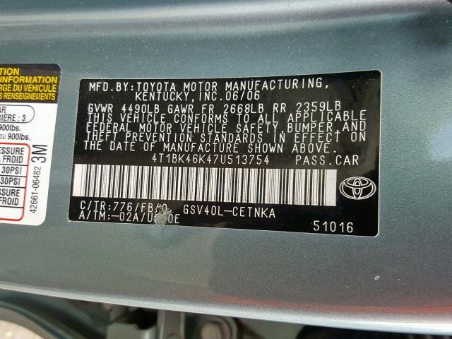 4T1BK46K47U513754 - 2007 TOYOTA CAMRY NEW GREEN photo 10