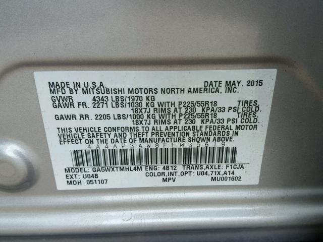 4A4AP3AW8FE035619 - 2015 MITSUBISHI OUTLANDER SILVER photo 10